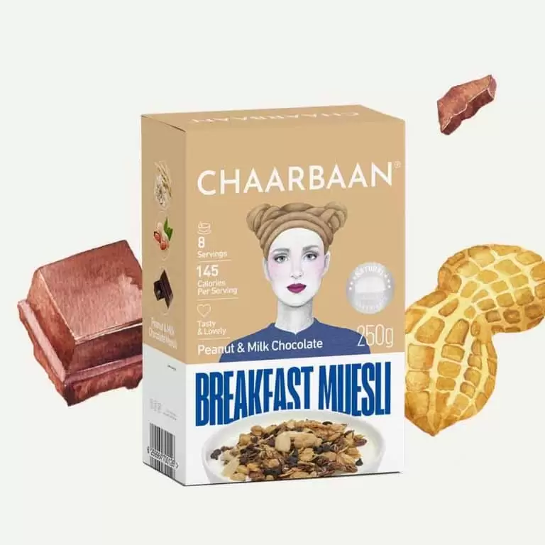 تصویر موسلی بادام زمینی و شیر شکلات چاربان ۲۵۰ گرمی | میان‌وعده سالم و مقوی 