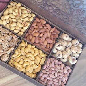 تصویر جعبه آجیل شور کادویی طرح اسلیمی با مغزهای متنوع