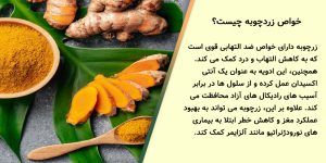 نمای شماتیک خواص بینظیر زردچوبه اصل هندی ژیوار با فواید ضدالتهابی و آنتیاکسیدانی