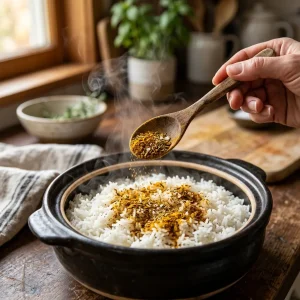 مرحله اضافه کردن یک قاشق چایخوری ادویه گرام ماسالا به برنج در حال دم کشیدن