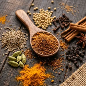 ترکیبات اصلی ادویه گرام ماسالا در قاشق چوبی در کنار سایر ادویههای هندی