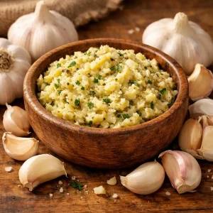 ادویه سیر و کره خانگی در ظرف چوبی به همراه حبه های سیر تازه برای آشپزی