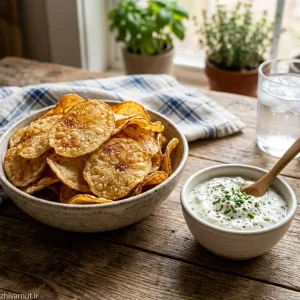تهیه چیپس خانگی ترد به همراه دیپ ماست طعمدار شده با پودر پیاز جعفری