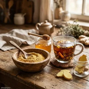 طرز تهیه دمنوش گرم و راهنمای اینکه پودر زنجبیل را چگونه مصرف کنیم همراه با آب جوش و عسل.