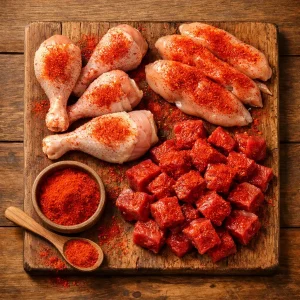 مرغ و گوشت تازه مزهدار شده با ادویه پاپریکا در فضای آشپزخانه، همراه کاسه و قاشق چوبی پودر پاپریکا، مناسب برای سایت فروش ادویه و مربی آشپزی
