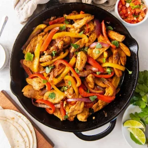 مراحل آمادهسازی فاهیتای مرغ شامل فیلههای مزهدار شده با ادویههای معطر در تابه.